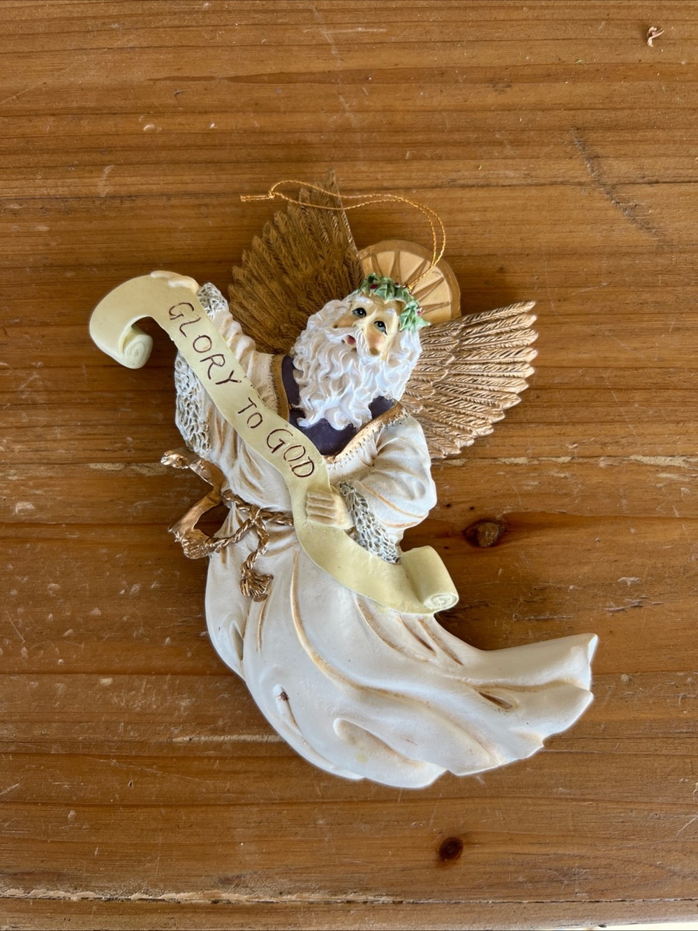 Angel Ornament with 'Glory to God' Banner - Cream and Gold